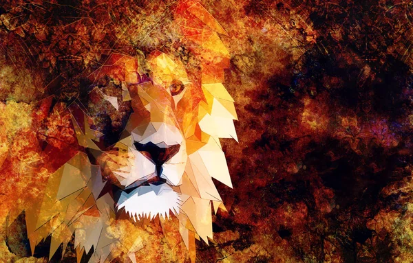 Retrato gráfico de cabeza de león con efecto poligonal sobre fondo abstracto. —  Fotos de Stock