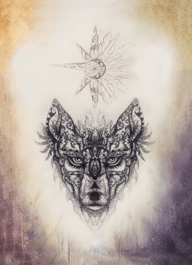 Süslü kurt resmi, kutsal hayvan ve tüylü süs yıldızı..