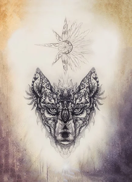 Sierschildering van wolf, heilig dier en sierster met veren. — Stockfoto