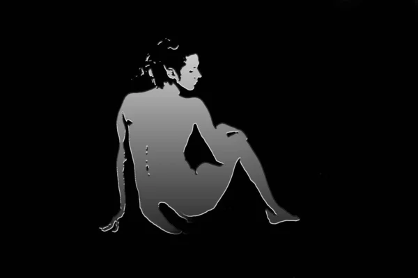 Naked woman, metal structure on black background. — Stock Photo, Image