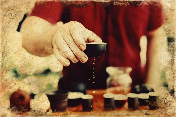 Set de té para ceremonia del té y efecto de fotos antiguas con borde . — Foto de Stock