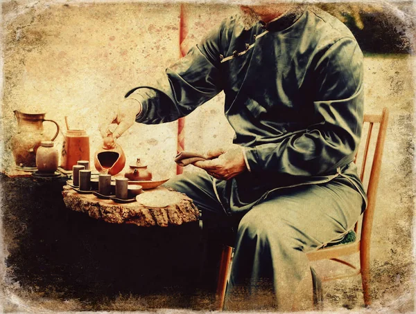 Tea ritual. Old photos effect with border. — 스톡 사진