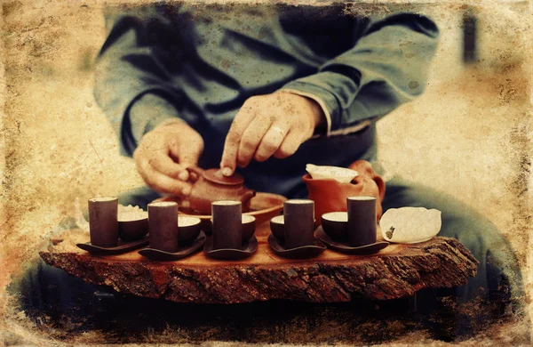 Tea ritual. Old photos effect with border. — 스톡 사진