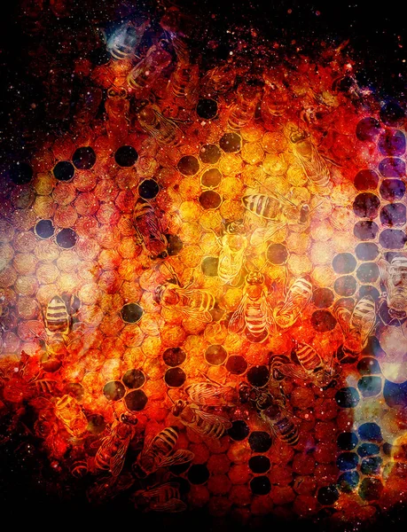 Bienenwaben mit Honig und Bienen auf abstrakt strukturiertem Raumhintergrund. — Stockfoto