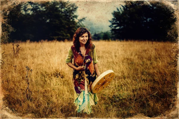 Beautiful Shamanic Girl Playing Shaman Frame Drum Nature Old Photo — Stock Photo, Image