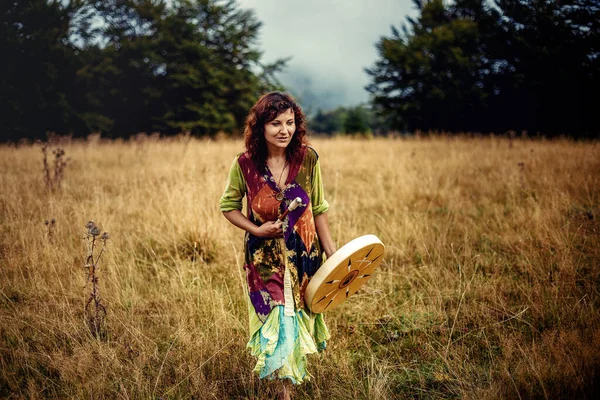 Beautiful Shamanic Girl Playing Shaman Frame Drum Nature — Stock Photo, Image