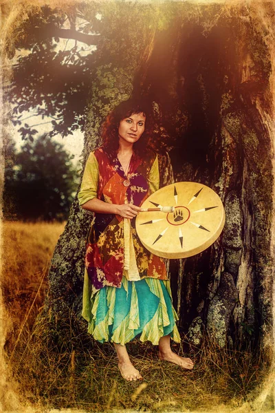 Beautiful Shamanic Girl Playing Shaman Frame Drum Nature Old Photo — Stockfoto