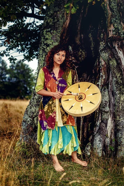 Beautiful Shamanic Girl Playing Shaman Frame Drum Nature Old Photo — Stock Photo, Image