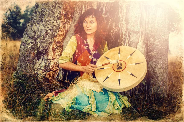 Beautiful Shamanic Girl Playing Shaman Frame Drum Nature Old Photo — Stockfoto