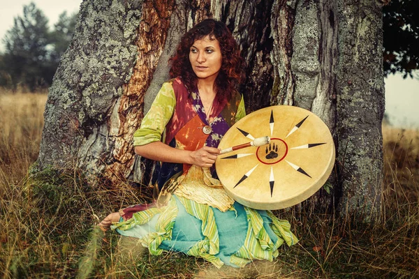 Beautiful Shamanic Girl Playing Shaman Frame Drum Nature — Stock Photo, Image