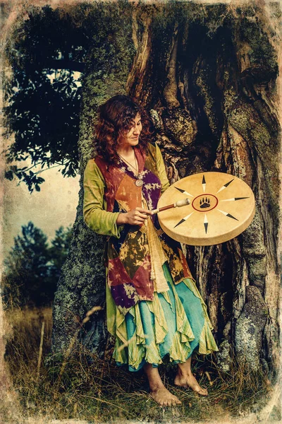 Beautiful Shamanic Girl Playing Shaman Frame Drum Nature Old Photo — Stock Photo, Image