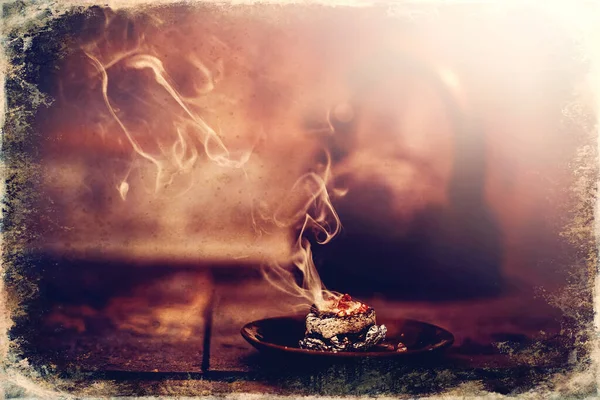 Frankincense Burning Hot Coal Aromatic Frankincense Old Photo Effect — Stock Photo, Image