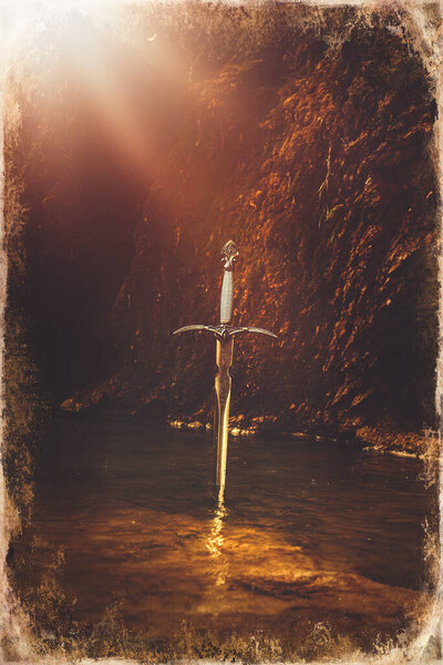 Magyc sword in lake, old photo effect