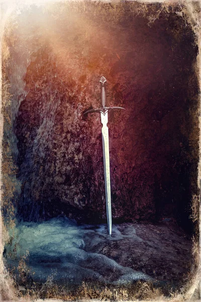 湖中的魔剑 旧照片效果 — 图库照片