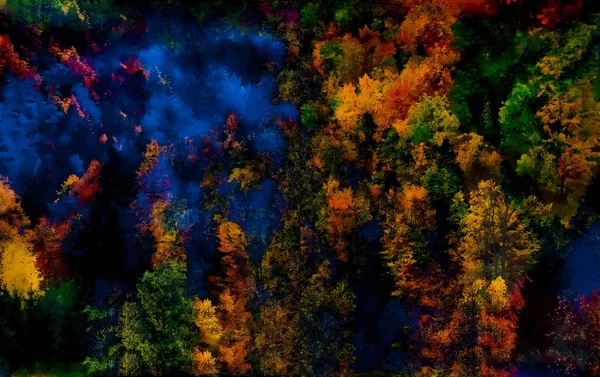 Krajobraz lasu późną jesienią i efekt malowania. — Zdjęcie stockowe