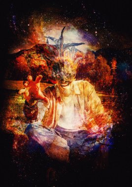 Soyut yapılandırılmış arkaplanda renkli bir yüz maskesi olan vahşi bir adam..