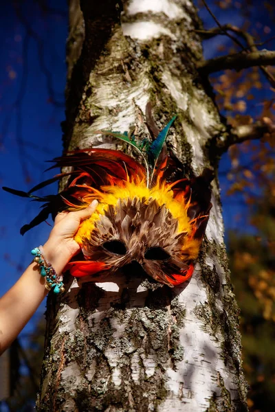 Máscara colorida de la cara de la pluma en mano de mujer . —  Fotos de Stock