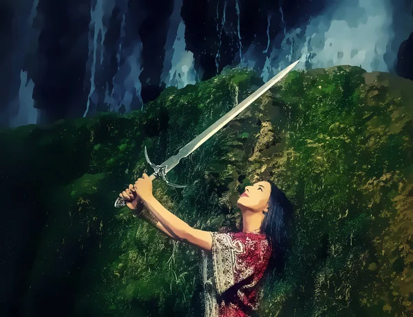 Woman with sword near waterfall, and painting effect. — Stock Photo, Image