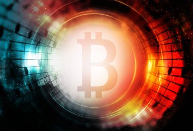 Bitcoin kripto para birimi kavramı, kozmik uzayda grafik kolajı