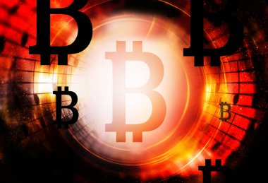 Bitcoin kripto para birimi kavramı, kozmik uzayda grafik kolajı