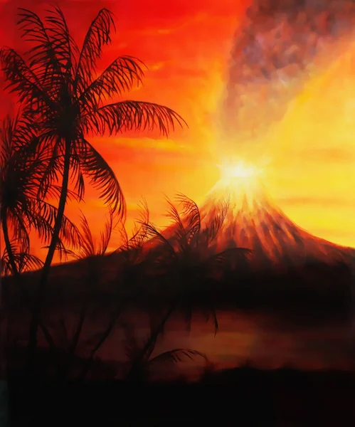 Grafikai Tervezés Kollázs Pálmafákkal Vulkánnal Háttérben Naplemente Légkörében — Stock Fotó