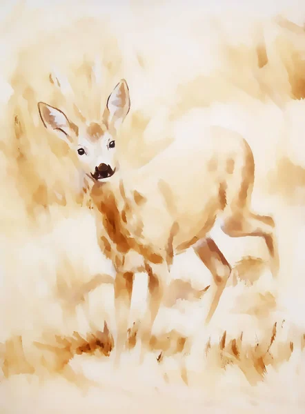 草の多い野生の鹿の絵です セピア効果だ 目を合わせろ 水彩効果 — ストック写真
