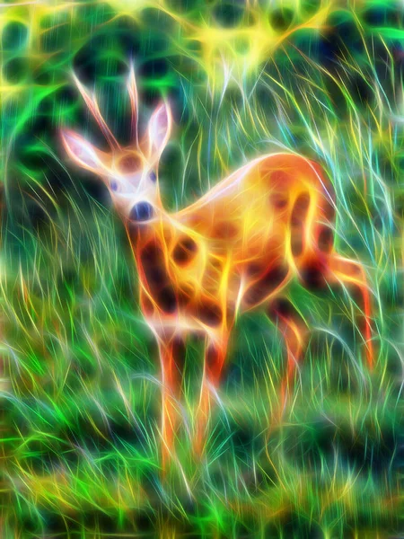 Painting Young Deer Wild Landscape High Grass Fractal Effect — Stock Photo, Image