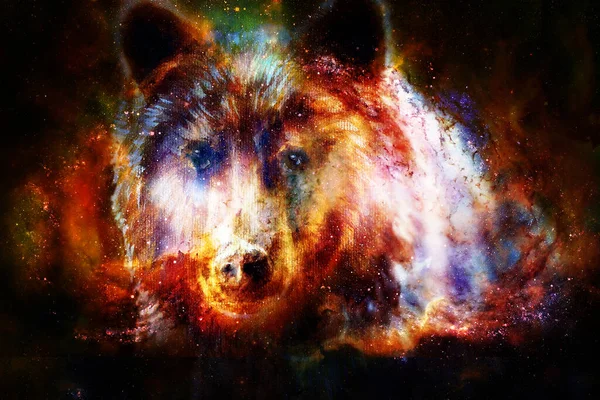 Head Mighty Brown Bear Space Oil Painting Canvas Graphic Collage — Stock Photo, Image