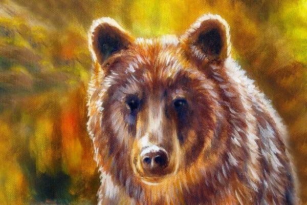 一头硕大的棕熊 油画上的帆布和图形拼贴 眼神接触 — 图库照片