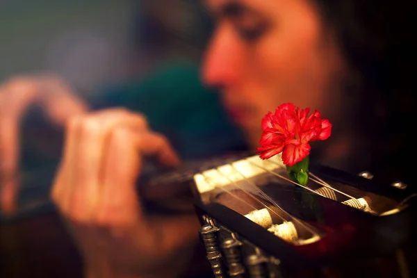 Man Spelar Gitarr Gitarr Med Röda Blommor Nejlikor — Stockfoto