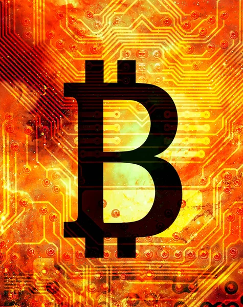 Konzept Der Kryptowährung Bitcoin Grafische Collage Kosmischen Raum — Stockfoto