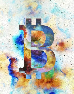 Bitcoin kripto para birimi kavramı, kozmik uzayda grafik kolajı