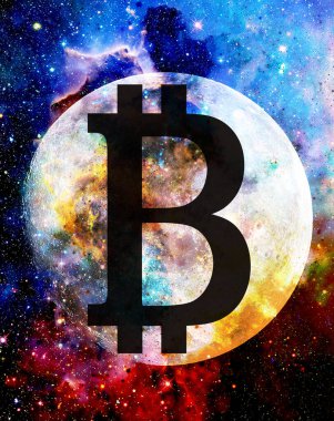 Bitcoin kripto para birimi kavramı, kozmik uzayda grafik kolajı