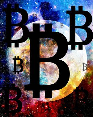 Bitcoin kripto para birimi kavramı, kozmik uzayda grafik kolajı