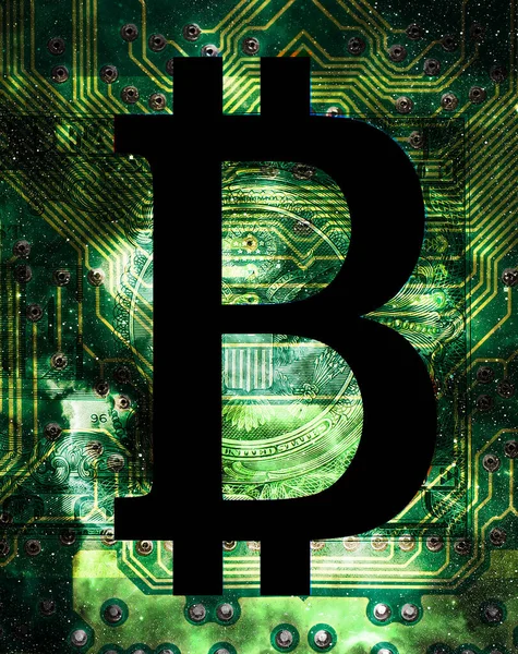 Bitcoin Kripto Para Birimi Kavramı Kozmik Uzayda Grafik Kolajı Dolar — Stok fotoğraf