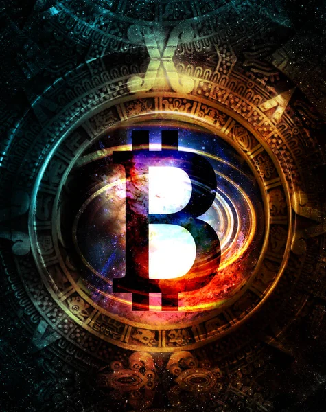 Bitcoin Cryptocurrency Concept Maya Calendar Graphic Collage Cosmic Space — Stock Photo, Image