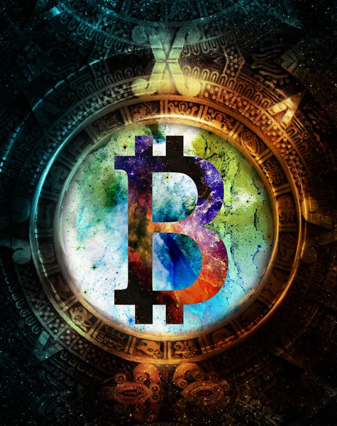 Konzept Der Kryptowährung Bitcoin Und Maya Kalender Grafische Collage Kosmischen — Stockfoto