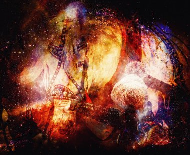 çocuk soyut yapılandırılmış arkaplanda beyaz çalışma atını okşuyor