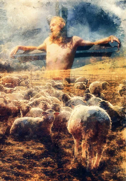 Jesus Der Gute Hirte Jesus Und Die Lämmer — Stockfoto