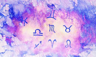 El çizilmiş burç astroloji sembolleri, renk arka plan