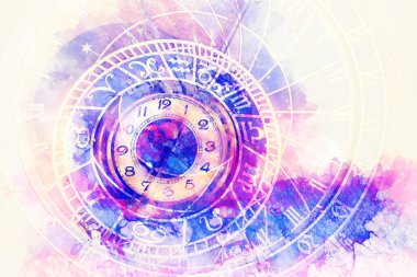 Astrolojik sembol Zodiac ve klasik cep saati. Soyut renk arkaplanı. Bilgisayar Kolajı
