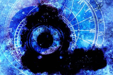 Astrolojik sembol Zodiac ve klasik cep saati. Soyut renk arkaplanı. Bilgisayar Kolajı