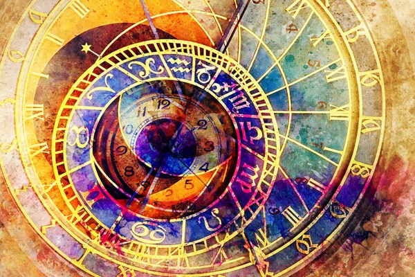 Simbolo Astrologico Zodiaco Orologio Tasca Epoca Sfondo Astratto Colore Collage — Foto Stock