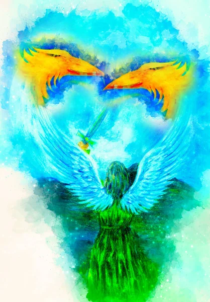 天使和两只凤凰 柔和模糊的水彩画背景 — 图库照片