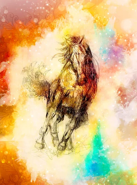 Dessinez Cheval Crayon Fond Aquarelle Doucement Flou — Photo