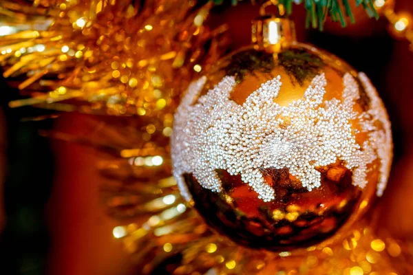 Close Christmas Tree Decorations Golden Color Blur Background — Stock Photo, Image