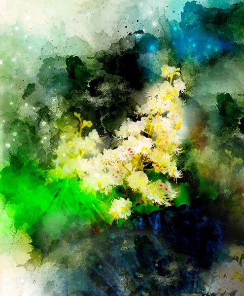 馬栗の木のイソキュラスカバスタヌムの花 栗の花とやわらかくぼやけた水彩背景 — ストック写真