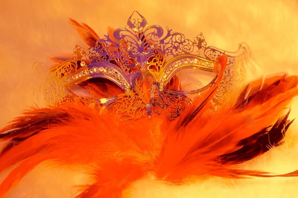 Krásná Filigránová Ozdobná Stříbrná Benátská Maska Zářivým Peřím Bílé Kožešinové — Stock fotografie