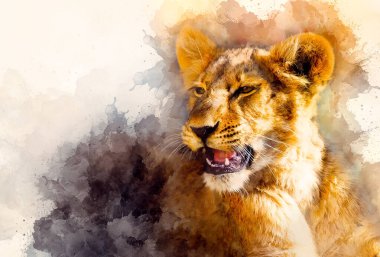Sevimli aslan ve grahivc etkisi. Yumuşak bulanık suluboya arkaplan