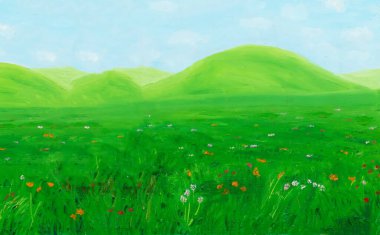 Yaban çiçekleri ve grafik efektli yeşil çayır.